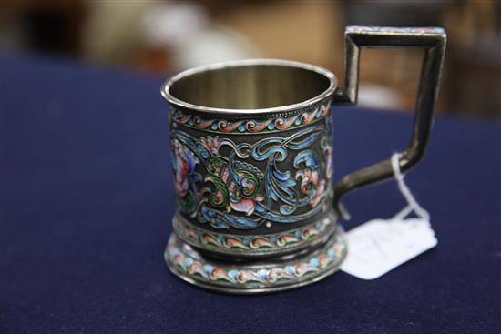 A late 19th/early 20th century Russian 84 zolotnik silver and cloisonne enamel tea glass holder, gross 6.5 oz.